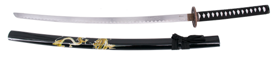 Katana 15343N de 102 cm hoja de acero, con vaina negra con decoración de dragón, mango con encordado negro, con soporte. Ref. 15343N