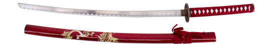 Katana 15343R de 102 cm hoja de acero, con vaina roja con decoración de dragón, mango con encordado rojo, con soporte. Ref. 15343R