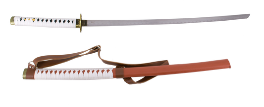 Katana 15963 de Michonne de Walking Dead réplica no oficial de 103 cm hoja de acero, vaina de curpiel marrón con encordado blanco y cinta para colgar en la espalda, mango encordado blanco. Ref. 15963