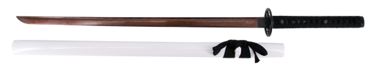 Katana Funcional 16862 de 106 cm hoja de acero de damasco rojo AISI 1045 con filo, con vaina color blanco y encordado negro, mango con encordado negro y piel de raya