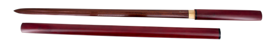 Shirasaya Funcional 16863 de 108 cm hoja de acero de damasco rojo AISI 1045 con doble filo, con vaina y mango de madera de color rojo, con soporte y caja de madera forrada
