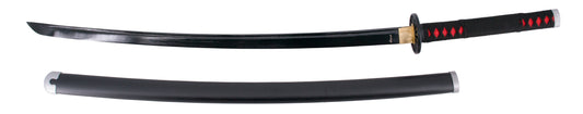 Katana Funcional S0243H de Demon Slayer empuñada por Kamado Tanjirou réplica no oficial de 108 cm hoja de acero al carbono AISI 1045 acabada en negro, con vaina negra con engarces en color gris