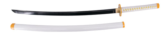 Katana Funcional S0244H de Demon Slayer empuñada por Agatsuma Zenitsu réplica no oficial de 108 cm hoja de acero al carbono AISI 1045 acabada en negro, con vaina blanca con engarces en color naranja