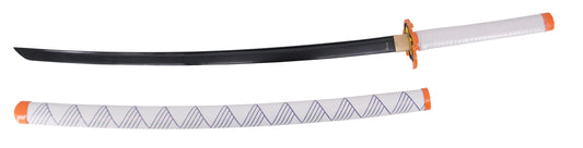Katana Funcional S0245H de Demon Slayer empuñada por Rengoku Kyoujurou réplica no oficial de 108 cm hoja de acero al carbono AISI 1045 acabada en negro, con vaina de polipiel blanca y detalles en azul con engarces en color naranja