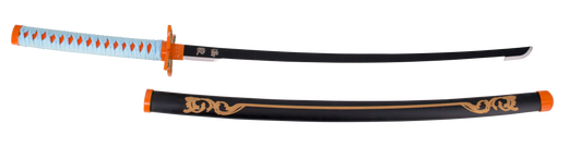 Katana S0246 de Demon Slayer empuñada por Kochou Shinobu réplica no oficial de 101 cm hoja de acero, mango con encordado de color azul cielo con piel de imitación de raya color naranja, vaina con grabados