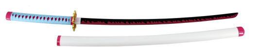 Katana S0252 de Demon Slayer empuñada por Kanroji Mitsuri réplica no oficial de 101 cm hoja de acero acabada en negro con detalles rosas, mango con encordado azul cielo con piel de imitación de raya color rosa con funda blanca. Ref. S0252
