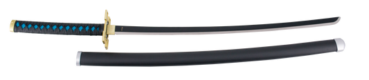 Katana S0253 de Demon Slayer empuñada por Tokitou Muichirou réplica no oficial de 101 cm hoja de acero acabada en negro con filo en satinado, mango con encordado negro de polipiel y con piel de imitación de raya color verde con funda negra. Ref. S0253