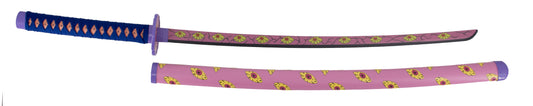 Katana S0259 de Demon Slayer Katana Kokushibou empuñada por Tsugikumi Michikatsu réplica no oficial de 101 cm hoja de acero decorada con rosa y ojos amarillos, mango con encordado lila, vaina rosa con ojos amarillos y detalles en lila. Ref. S0259