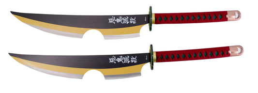 Espadas gemelas S0273 de Demon Slayer empuñadas por Tengen Uzui mango encordado en color granate y hoja negra con corte en satinado y amarillo. Ref. S0273