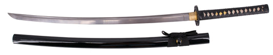 Katana Funcional S0279H de 103,5 cm hoja de acero de damasco AISI 1045 con filo, con vaina color negro y encordado negro, mango con encordado negrO