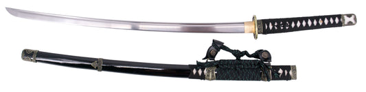 Katana Funcional S0328 de 104 cm hoja de acero, vaina de madera negra lacada con detalles metálicos, mango encordado negro. Con soporte. Ref. S0328