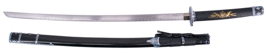 Katana S2023 de 101,5 cm hoja de acero, vaina de madera negra lacada con detalles metálicos e imitación de piel de serpiente, mango con imitación de piel de sepriente negra de polipiel. Con soporte. Ref. S2023