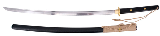 Katana Funcional S2025 de 101 cm hoja de acero al carbono 1065 con filo, con vaina negra y encordado marrón, mango de plástico texturizado