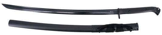 Katana Funcional S2027 de 102 cm hoja de acero al carbono 1065 con filo acabada en negro, con vaina negra y encordado negro, mango de plástico texturizado, con caja de madera