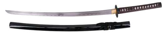 Katana Funcional S2219 de 104,5 cm hoja de acero al carbono AISI 1045 con filo, con vaina negra y encordado negro, mango con encordado marrón en curpiel, tsuba de recambio, con soporte y caja de madera