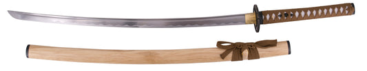 Katana Funcional S2220 de 104,5 cm hoja de acero al carbono AISI 1045 con filo, con vaina color madera y encordado marrón, mango con encordado marrón, tsuba de recambio, con soporte