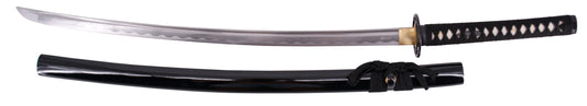 Katana Funcional S2240 de 102 cm hoja de acero de damasco AISI 1045 con filo, con vaina color negro y encordado negro, mango con encordado negro, con soporte y caja de madera forrada de tejido