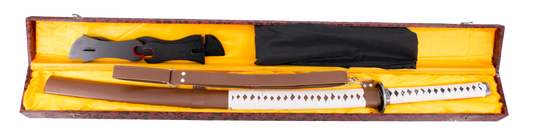 Katana Funcional S2247H de Michonne de Walking Dead réplica no oficial de 102 cm hoja de acero al carbono AISI 1045, vaina de curpiel marrón con encordado blanco de curpiel y cinta para colgar en la espalda
