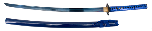 Katana Funcional S2252BL de 104 cm hoja de acero de AISI 1045 con filo acabado en azul, con vaina color azul y encordado azul, mango con encordado azul de curpiel, con soporte