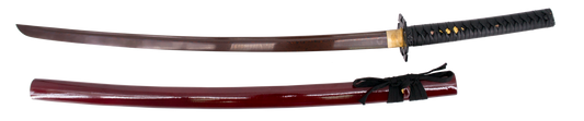 Katana Funcional S2252RD de 104 cm hoja de acero de damasco rojo AISI 1045 con filo, con vaina color rojo y encordado negro, mango con encordado negro de curpiel, con soporte