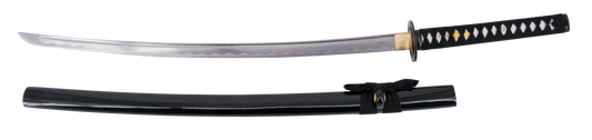 Katana Funcional S5001 de 105 cm hoja de acero al carbono AISI 1045 con filo, con vaina negra y encordado negro, mango con encordado negro con caja de madera forrada de tejido