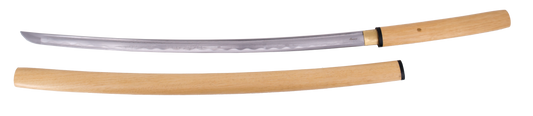 Shirasaya Funcional S5002 de 105 cm hoja de acero al carbono AISI 1045 con filo, con vaina y mango de madera clara, con caja de madera forrada de tejido decorativo