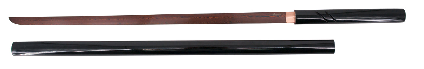 Shirasaya Funcional S5007 de 105 cm hoja de acero de damasco rojo AISI 1045 con filo, con vaina y mango de madera acabada en negro lacado, con caja de madera