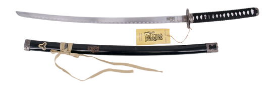 Katana S5014 Hattori Hanzo Kill Bill "La novia" réplica no oficial de 103 cm hoja de acero, mango con encordado negro con soporte, detalle de león en vaina y hoja. Ref. S5014