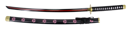 Katana S5015 Shusui de Zoro de One Piece réplica no oficial de 100 cm hoja de acero negra con dentado en rojo, mango con encordado negro con soporte. Ref. S5015