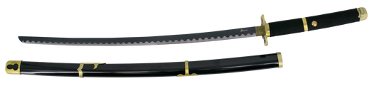Katana S5016 Yubashiri de Zoro de One Piece réplica no oficial de 100 cm hoja de acero acabado en negro con dentado satinado, mango con encordado negro, con soporte. Ref. S5016