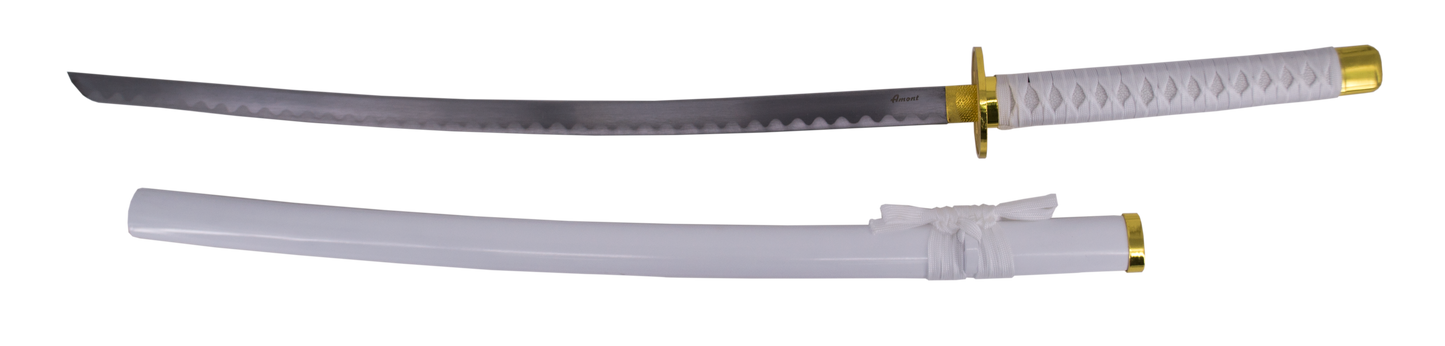 Katana S5018 Shusui Wado Ichimonji de Zoro de One Piece réplica no oficial de 103 cm hoja de acero acabado satinado, mango con encordado blanco, con soporte. Ref. S5018