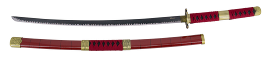 Katana S5019 Sandai Kitetsu de Zoro de One Piece réplica no oficial de 103 cm hoja de acero negra con dentado satinado, mango con encordado burdeos, con soporte. Ref. S5019