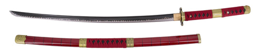 Katana Funcional S5019H Sandai Kitetsu de Zoro de One Piece réplica no oficial de 102 cm hoja de acero al carbono AISI 1045, mango con encordado burdeos, con soporte. Ref. S5019H