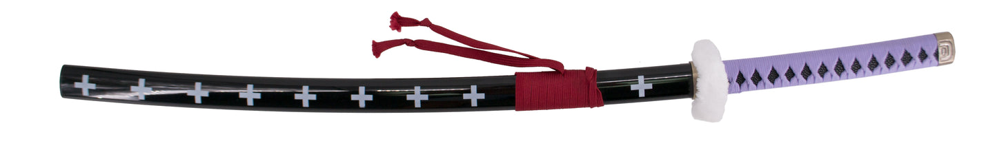 Katana S5029 de Trafalgar Law de One Piece réplica no oficial de 104 cm hoja de bambú negra con corte en satinado, mango con encordado morado y Tsuba forrada con terciopelo. Ref. S5029