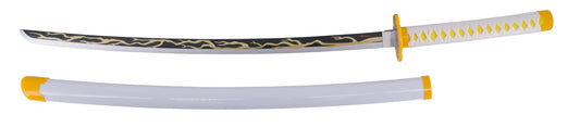 Katana S5030 de Agatsuma Zenitsu de Demon Slayer réplica no oficial de 105 cm hoja de bambú negra con detalles amarillos y corte en satinado, mango con encordado blanco y naranja. Ref. S5030