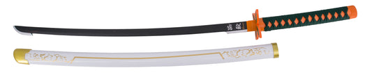 Katana S5031 de Demon Slayer empuñada por Kochou Shinobu réplica no oficial de 105 cm hoja de bambú, mango con encordado negro con vaina blanca con grabados. Ref. S5031