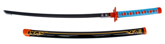 Katana S5031BK de Demon Slayer empuñada por Kochou Shinobu réplica no oficial de 105 cm hoja de bambú, mango con encordado de color azul cielo con vaina negra con grabados. Ref. S5031BK