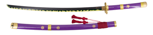 Katana S5032, de 104 cm hoja de bambú acabada en negro con detalles en el corte amarillos y verdes, con vaina lila con detalles dorados y encordado rojo, mango lila con con detalles dorados. Ref. S5032