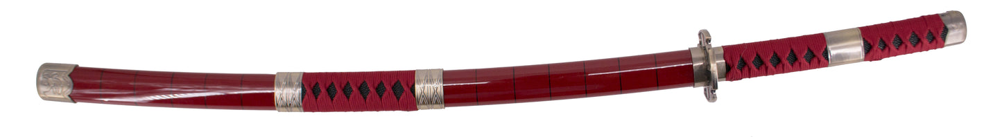 Katana S5035 Sandai Kitetsu de Zoro de One Piece réplica no oficial de 104 cm hoja de bambú negra con dentado satinado, mango con encordado burdeos. Ref. S5035