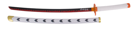 Katana S5037 de Demon Slayer empuñada por Rengoku Kyoujurou réplica no oficial de 105 cm hoja de bambú, mango con encordado de polipiel blanca y vaina blanca con detalles. Ref. S5037