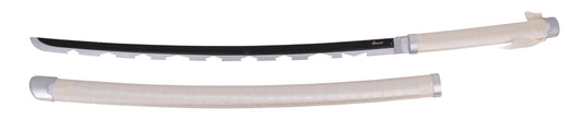Katana S5038 de Demon Slayer Katana empuñada por Inosuke Hashibira réplica no oficial de 105 cm hoja de bambú, la hoja está dentada, mango con encordado blanco, vaina con encordado blanco. Ref. S5038
