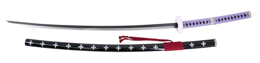 Katana S5042 de Trafalgar Law de One Piece réplica no oficial de 140 cm hoja de acero negra con corte en satinado, mango con encordado morado y Tsuba forrada con terciopelo, con soporte. Ref. S5042