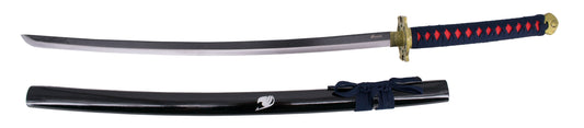 Katana S5044 de Erza Scarlett de Fairy Tail réplica no oficial de 103 cm hoja de acero negra con corte en satinado, vaina negra lacada con detalle en plateado, mango encordado azul marino e imitación de piel de raya en rojo. Ref. S5044