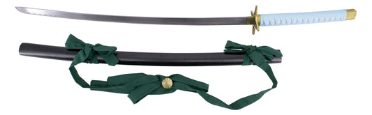 Katana S5046 de Toshiro Hitsugaya de Bleach réplica no oficial de 103 cm, hoja de acero acabado en satinado, vaina negra con lazo verde y broche en bronce, mango encordado azul cielo e imitación de piel de raya blanca. Ref. S5046