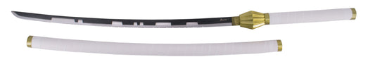 Katana S5047 de Kenpachi de Bleach réplica no oficial de 109 cm hoja de acero en negro y el corte satinado con dentado, mango y funda con encordado blanco