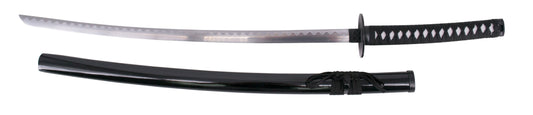 Katana S5048 de Kenshin con filo invertido réplica no oficial de 105 cm hoja de acero acabada en satinado, mango con encordado negro e imitación de piel de raya en blanco, con soporte. Ref. S5048