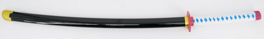 Katana S5063 de Demon Slayer empuñada por Tomioka Giyuu réplica no oficial de 105 cm hoja de bambú, mango con encordado blanco con piel de imitación de raya color azul. Ref. S5063