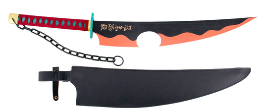 Espada gemela S5072 de Demon Slayer empuñada por Tengen Uzui mango encordado en color granate y hoja negra de bambú con corte acabado en llamas naranjas. Con funda de polipiel negra. Ref. S5072