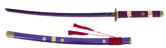Katana S5074 Katana Enma de Zoro de One Piece réplica no oficial acabada en lila, de 104 cm hoja de acero acabada en negro con detalles en el corte lilas, con vaina lila con detalles dorados y encordado rojo
