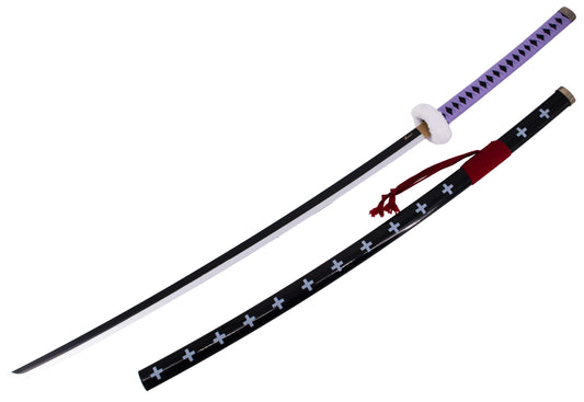 Katana S5080 de Trafalgar Law de One Piece réplica no oficial de 140 cm hoja de bambú negra con corte en satinado, mango con encordado morado y Tsuba forrada con terciopelo. Ref. S5080